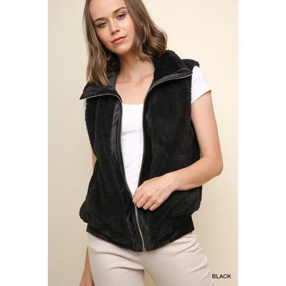 Umgee Vest Sleeveless Soft Teddy Knit Zip Velvet S - Picture 2 of 2